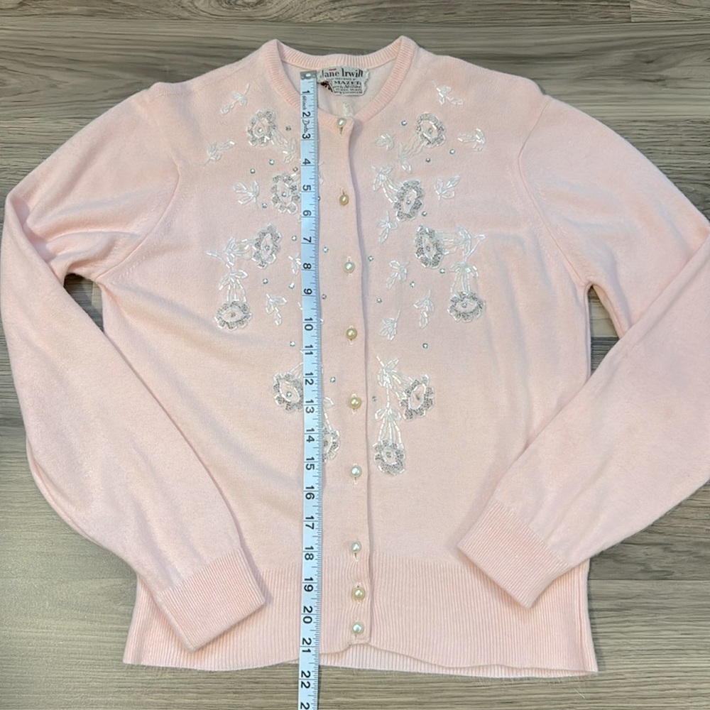 Jane Irwill Vintage Floral Pink Beaded Swarovski Faux Pearl Button Soft Cardigan - Picture 14 of 17